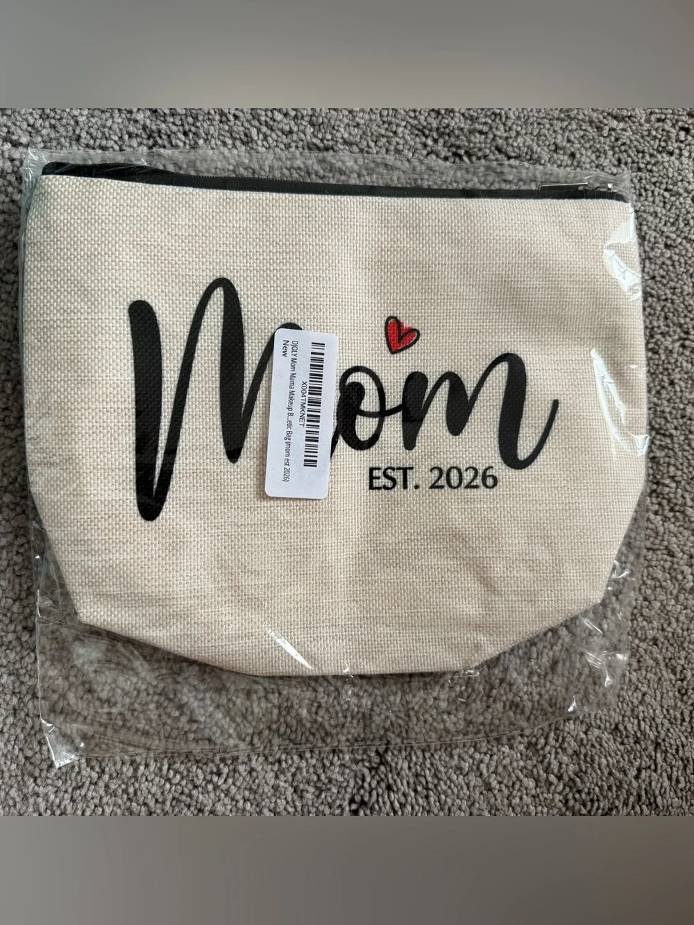 Mom Est. 2026 Canvas Makeup Bag - Natural with Black & Red